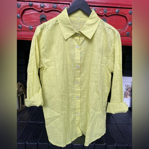 Linen chartreuse button down shirt - Picture 2 of 6